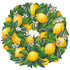 A round, die-cut illustration of a wreath of vibrant yellow lemons packed with green leaves and white blooms, with a blank white center.