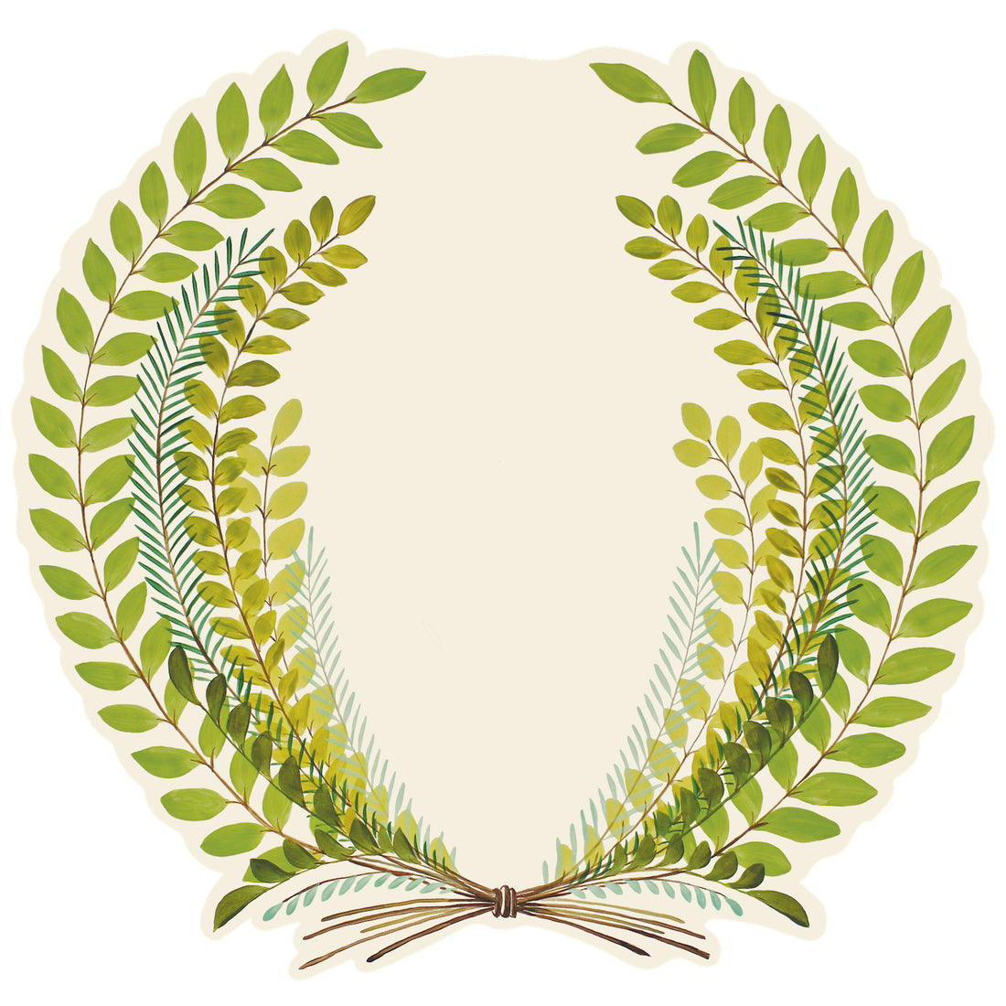 An illustrated, symmetrical wreath of different leafy sprigs with stems tied together at the bottom, leaving an open white background in the middle.