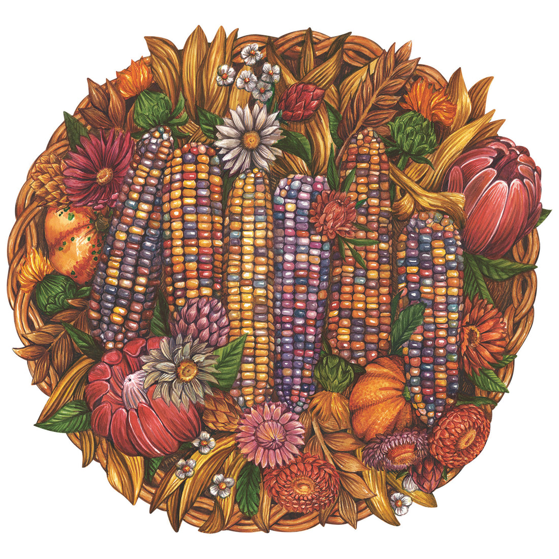 A round, die-cut illustration of a wicker basket full of richly fall-colored flowers, foliage, and six corn cobs of the &quot;glass gem&quot; variety, featuring vibrant yellow, orange, purple and blue kernels. 