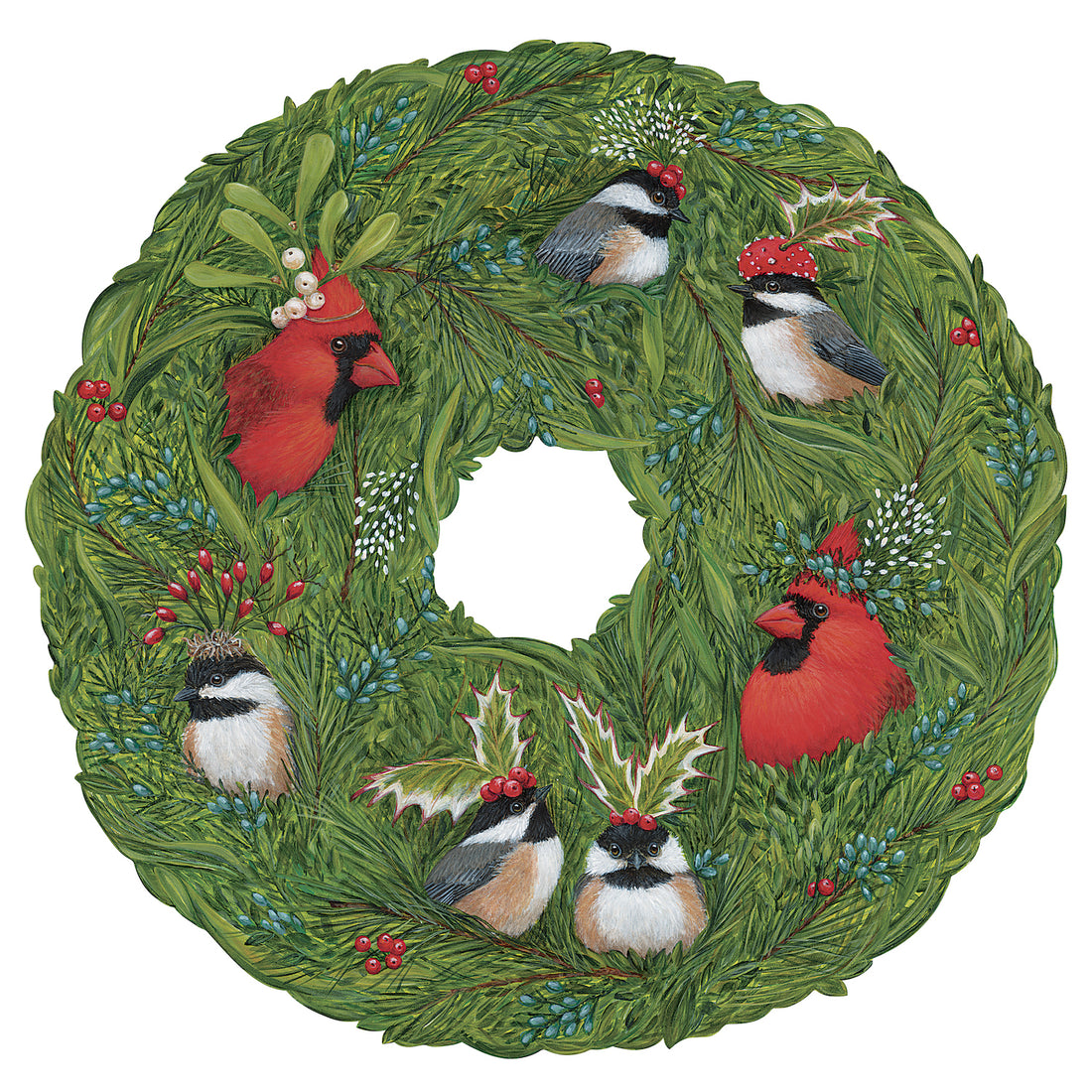 A die-cut illustration of a green wreath packed with winter foliage, holding seven songbirds with floral headdresses.