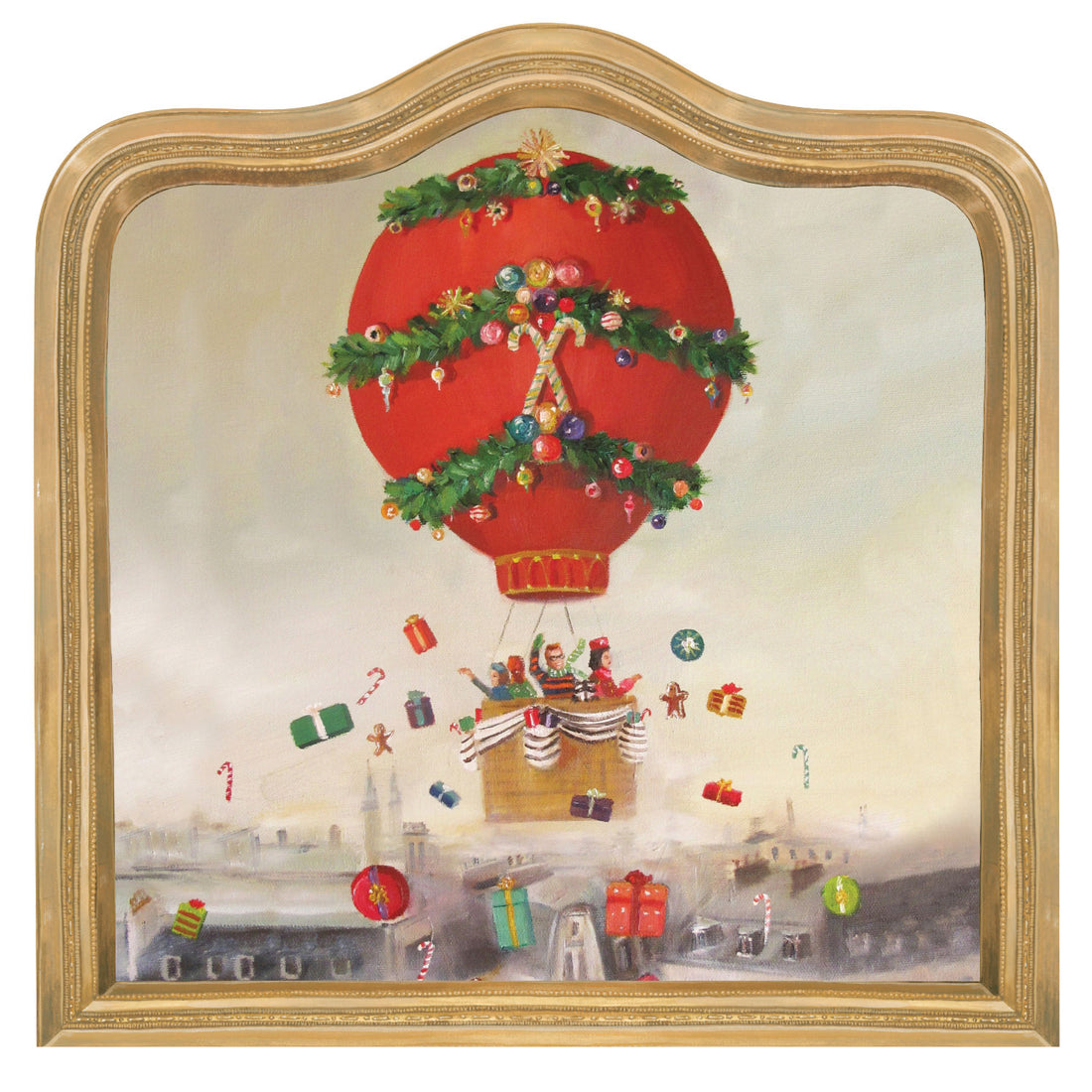 A painterly vintage-style illustration of a red hot air balloon decorated with garlands and Christmas ornaments, with three people tossing wrapped gifts and candy canes down from the balloon&