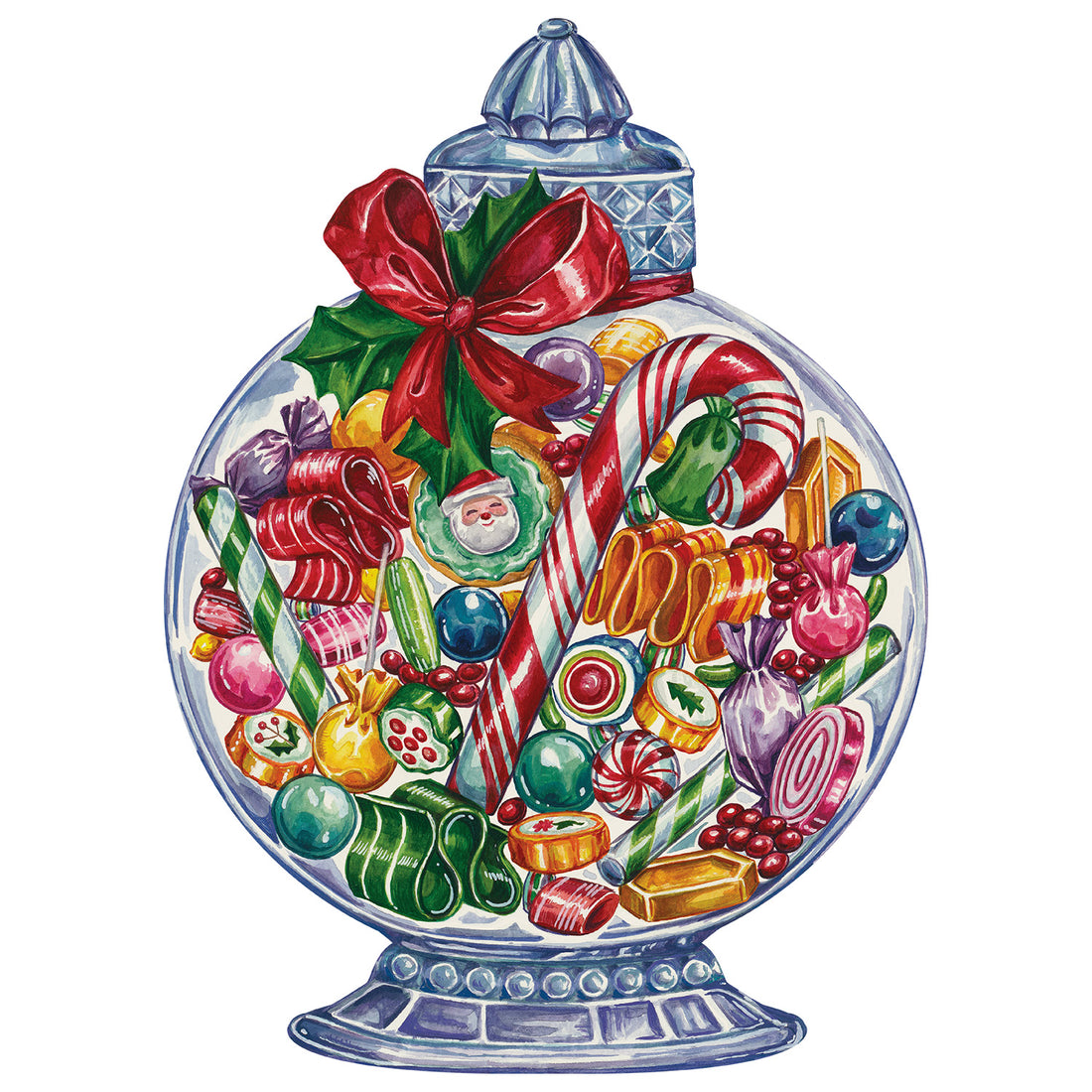 An illustrated, ornate glass jar full of colorful vintage Christmas candies, with a red ribbon tied in a bow with holly leaves around the lid.