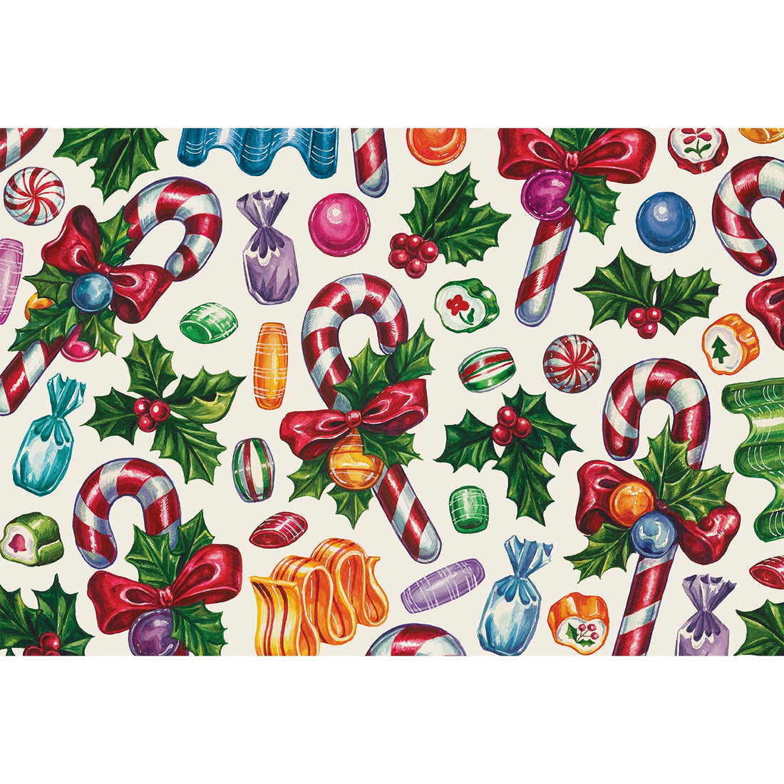 A festive illustrated scatter of vintage candy canes, sprigs of holly and Christmas candies over a white background.