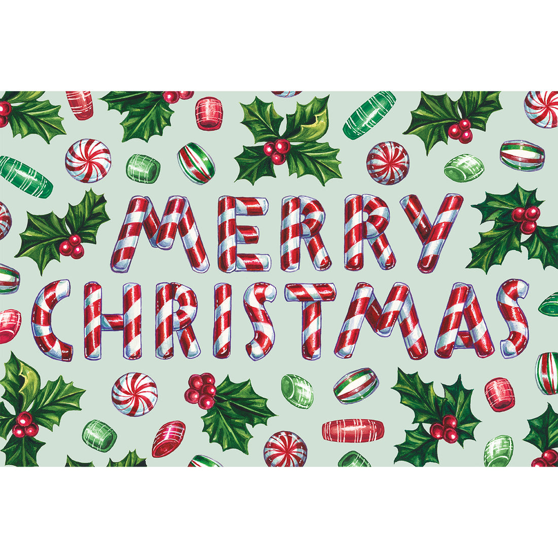 A festive illustration of the words &quot;MERRY CHRISTMAS&quot; spelled with red and white peppermint sticks, surrounded by a scatter of red and green candies and sprigs of holly, on a mint green background. 