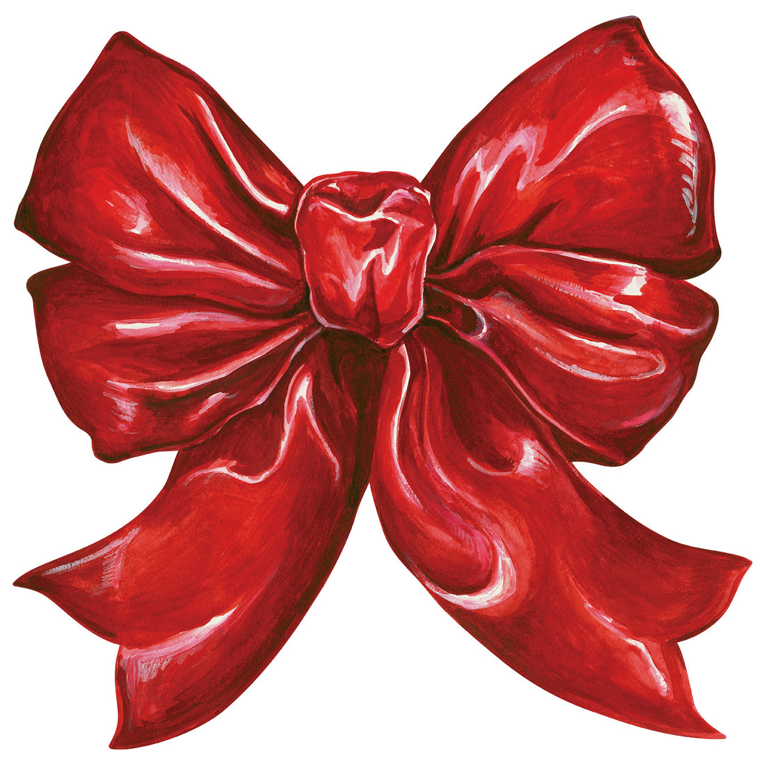A die-cut illustration of a big bow of shiny red ribbon, as found on a gift.