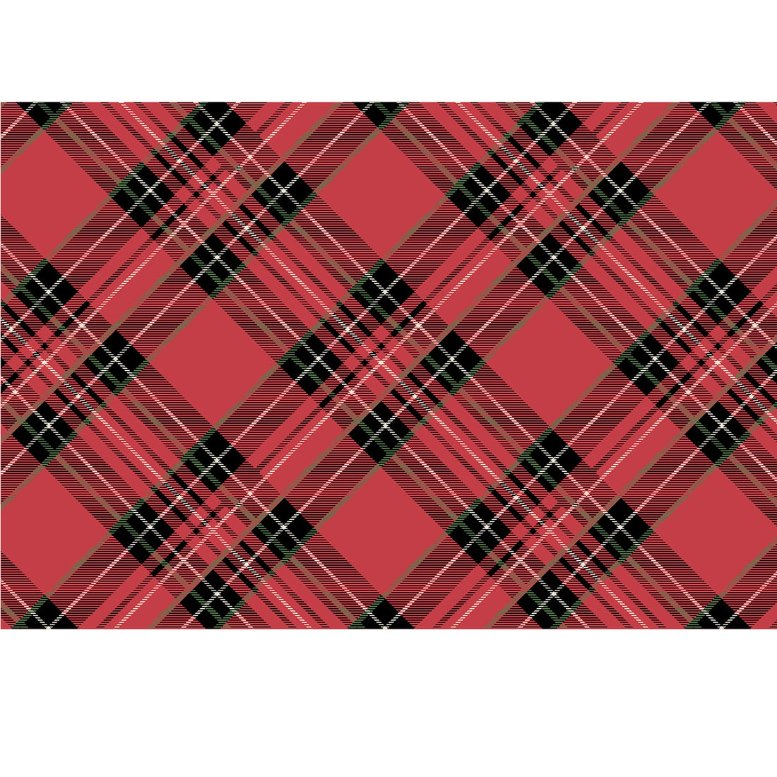 A large-scale diagonal plaid pattern of black, white, gold and green over bright red.