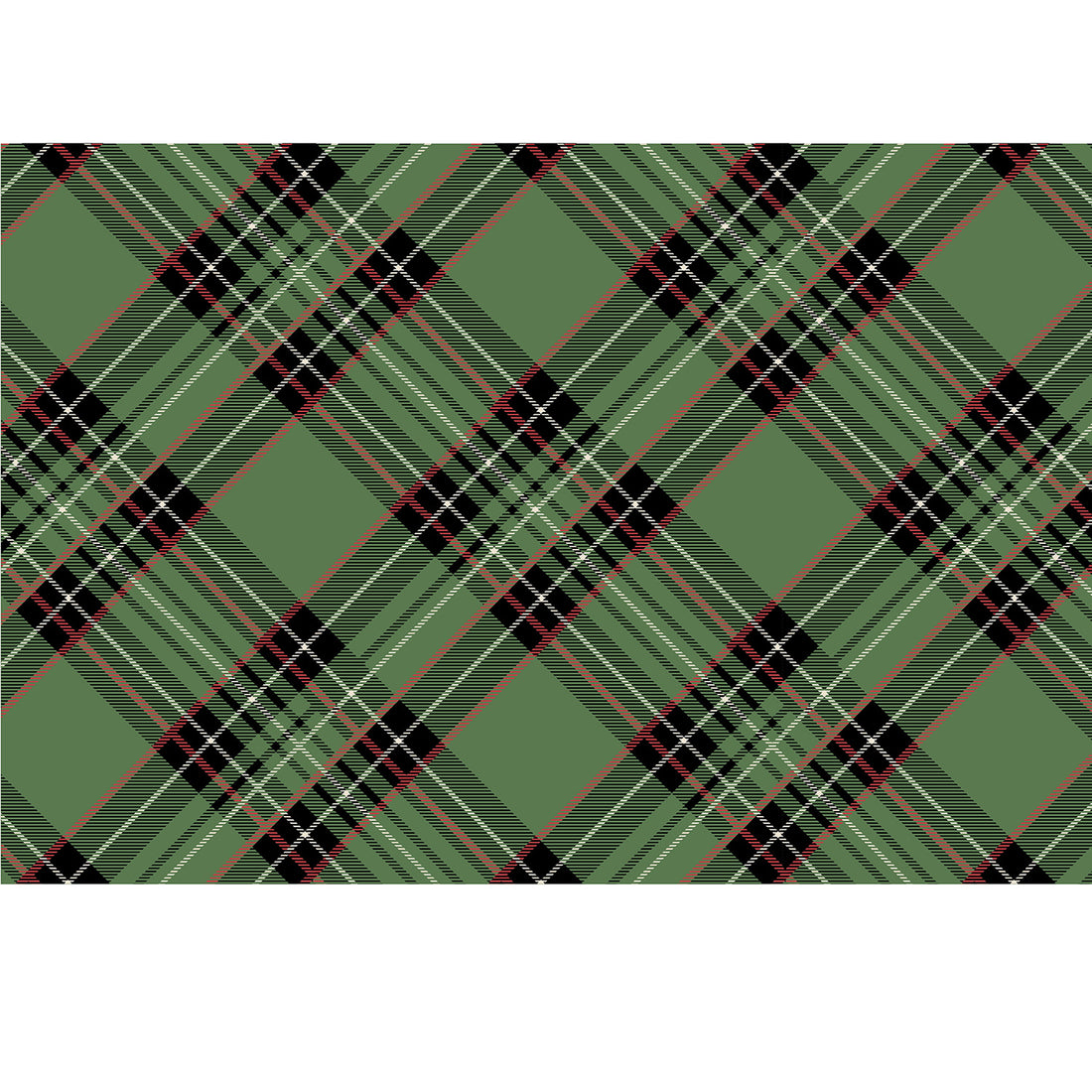 A large-scale diagonal plaid pattern of black, red and white over medium green. 