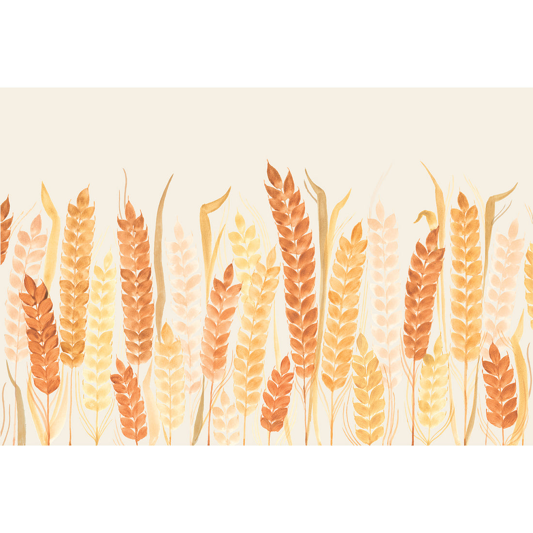 Delicately painted heads of wheat with stems and leaves, in vibrant gold, deep orange, and pale orange on a white background. 
