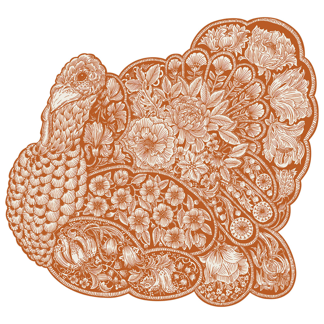 An orange and white illustration of a plump turkey, containing densely-packed floral designs in the body, wings and tail.