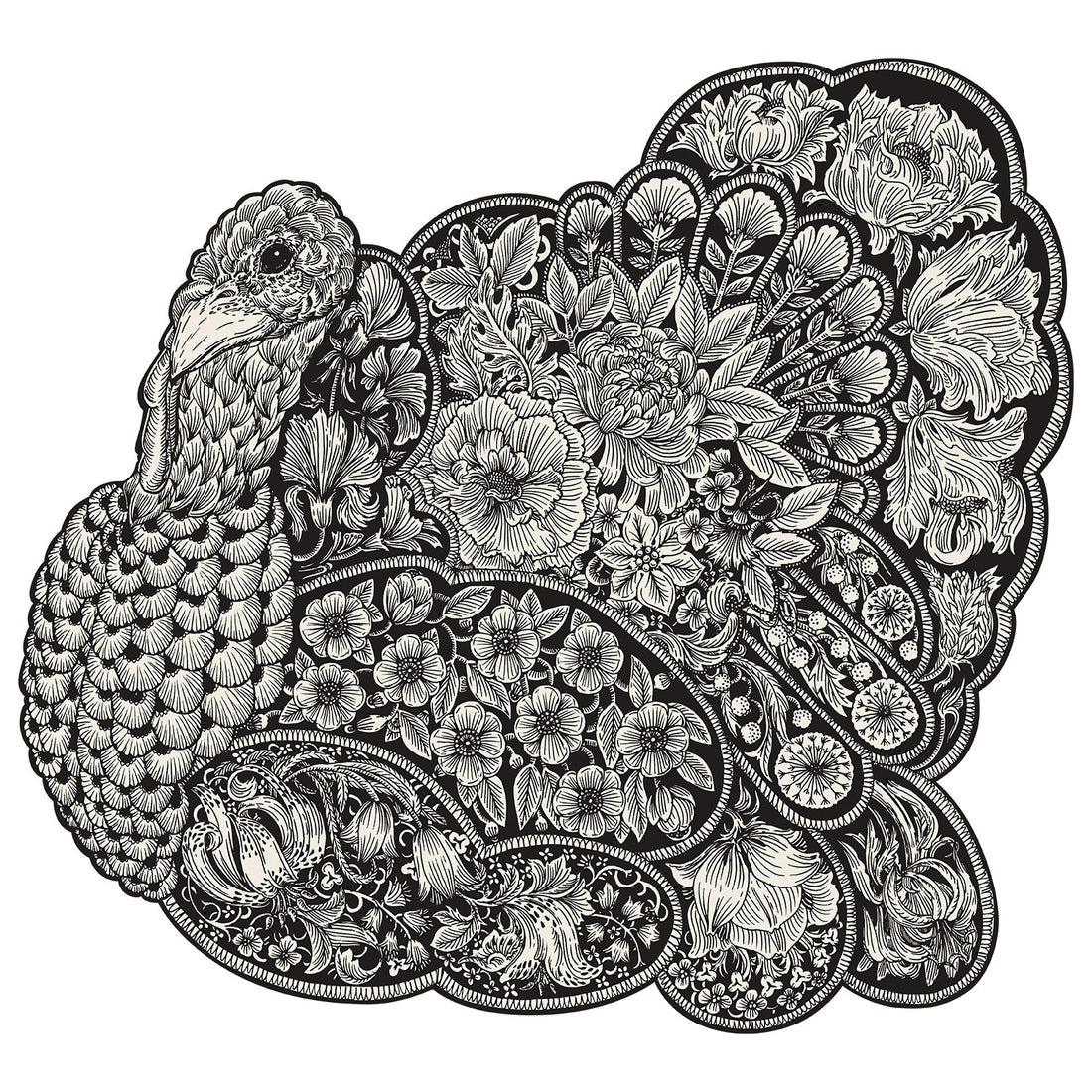 A black and white illustration of a plump turkey, containing densely-packed floral designs in the body, wings and tail. 