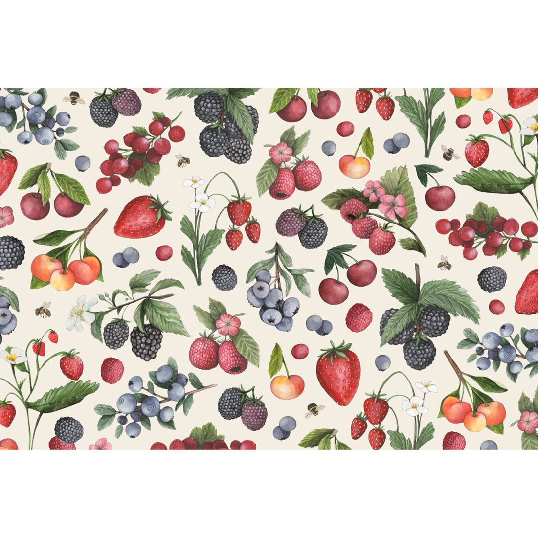 An illustrated scatter of various vibrant berries in red, blue, purple and orange, with green leaves and white blossoms on a cream background.