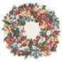 A wreath of of various vibrant berries in red, blue, purple and orange, with green leaves and white blossoms, on a cream background with an open circle in the middle.