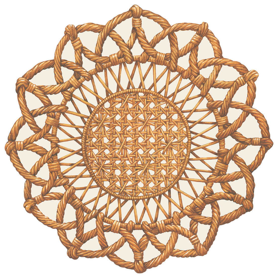 A round die-cut illustration of tan rattan woven in a radial design with a tight weave in the center, and thick interlocking ropes around the edge.