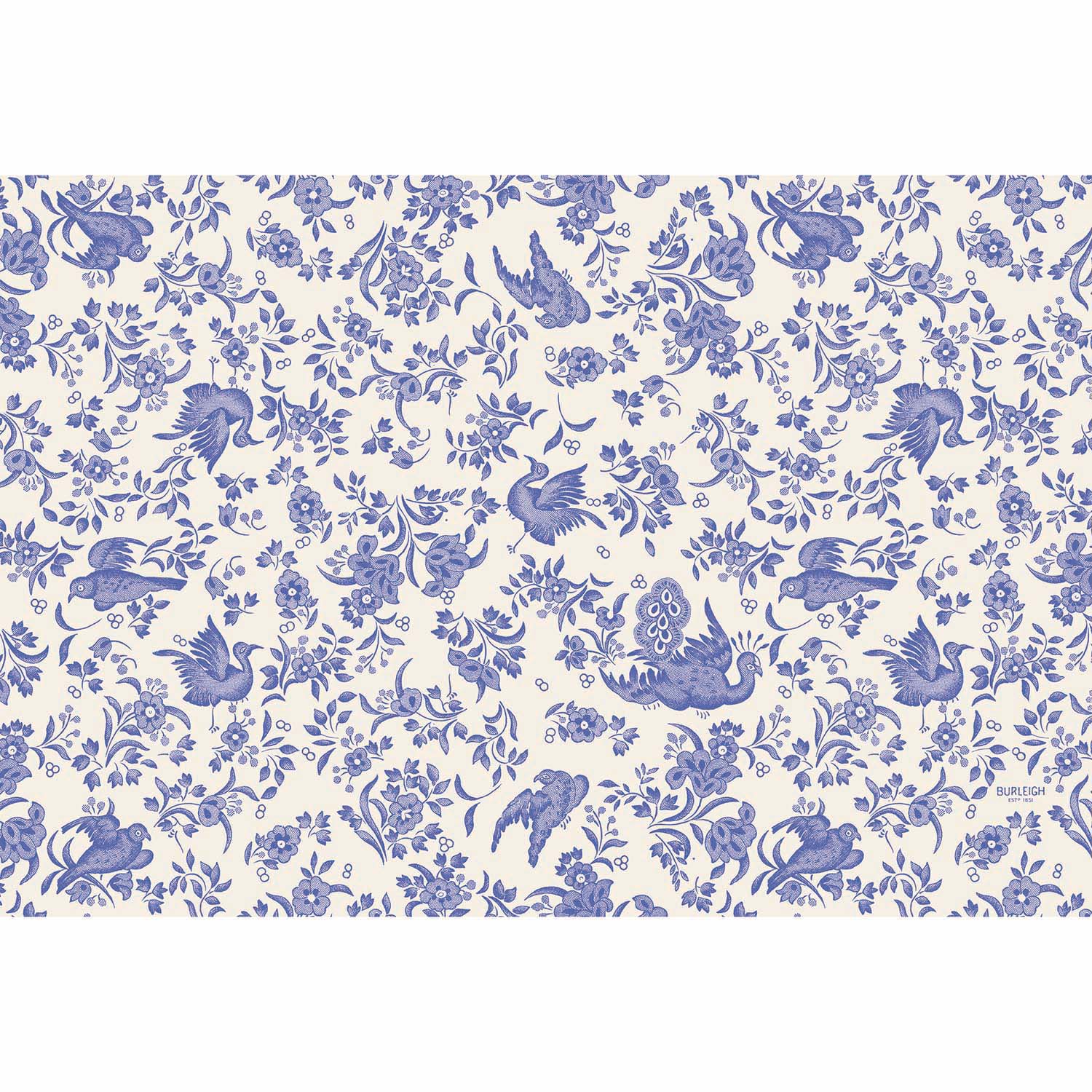 A Blue Regal Peacock Paper Placemat from Hester & Cook, featuring a blue bird and floral pattern on a white background, inspired by the ornamental bird pattern from Burleigh.