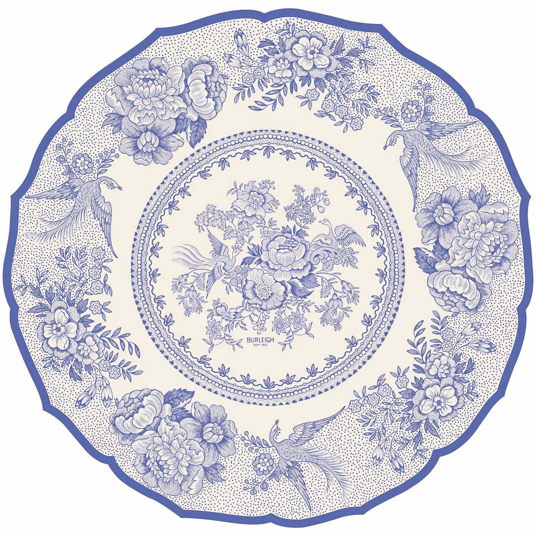 A round design with a scalloped edge, resembling a vintage plate with blue linework of flowers and birds on a white background.