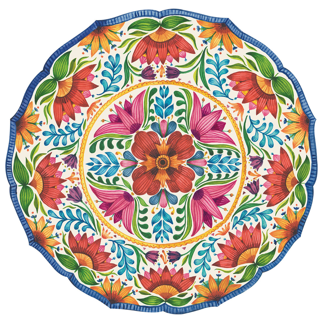 A vibrant, round mandala design with scalloped edges, featuring stylized flowers and foliage in pink, red, orange, yellow, green, blue and purple on a white background.