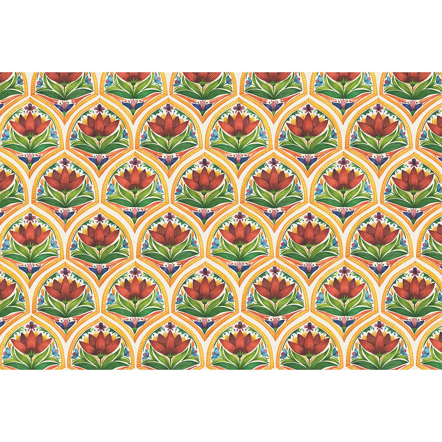 A vibrant, densely-packed illustrated shell-style pattern containing red flowers and green leaves with blue and purple accents in yellow borders, on a white background. 