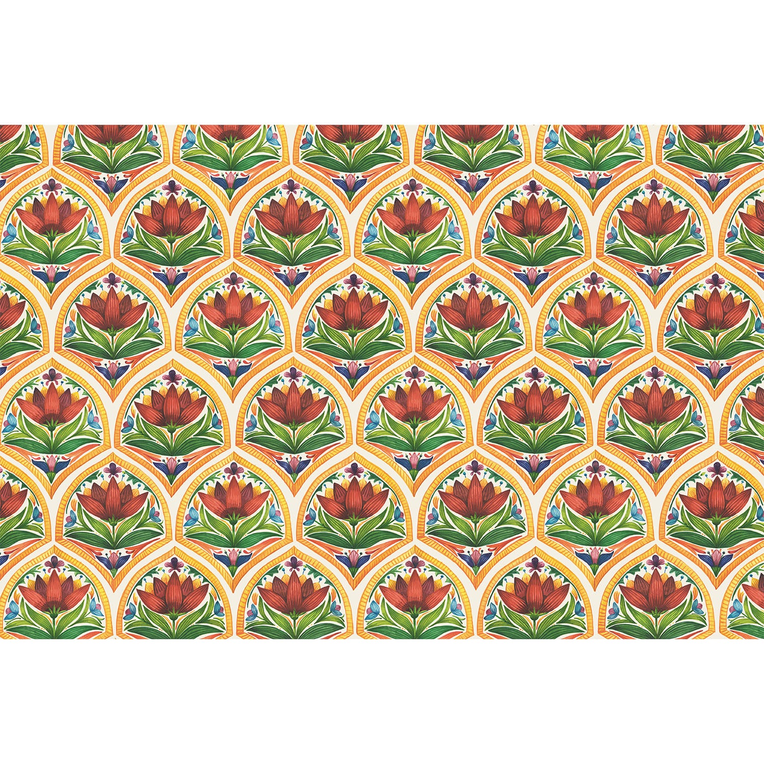 A vibrant, densely-packed illustrated shell-style pattern containing red flowers and green leaves with blue and purple accents in yellow borders, on a white background.
