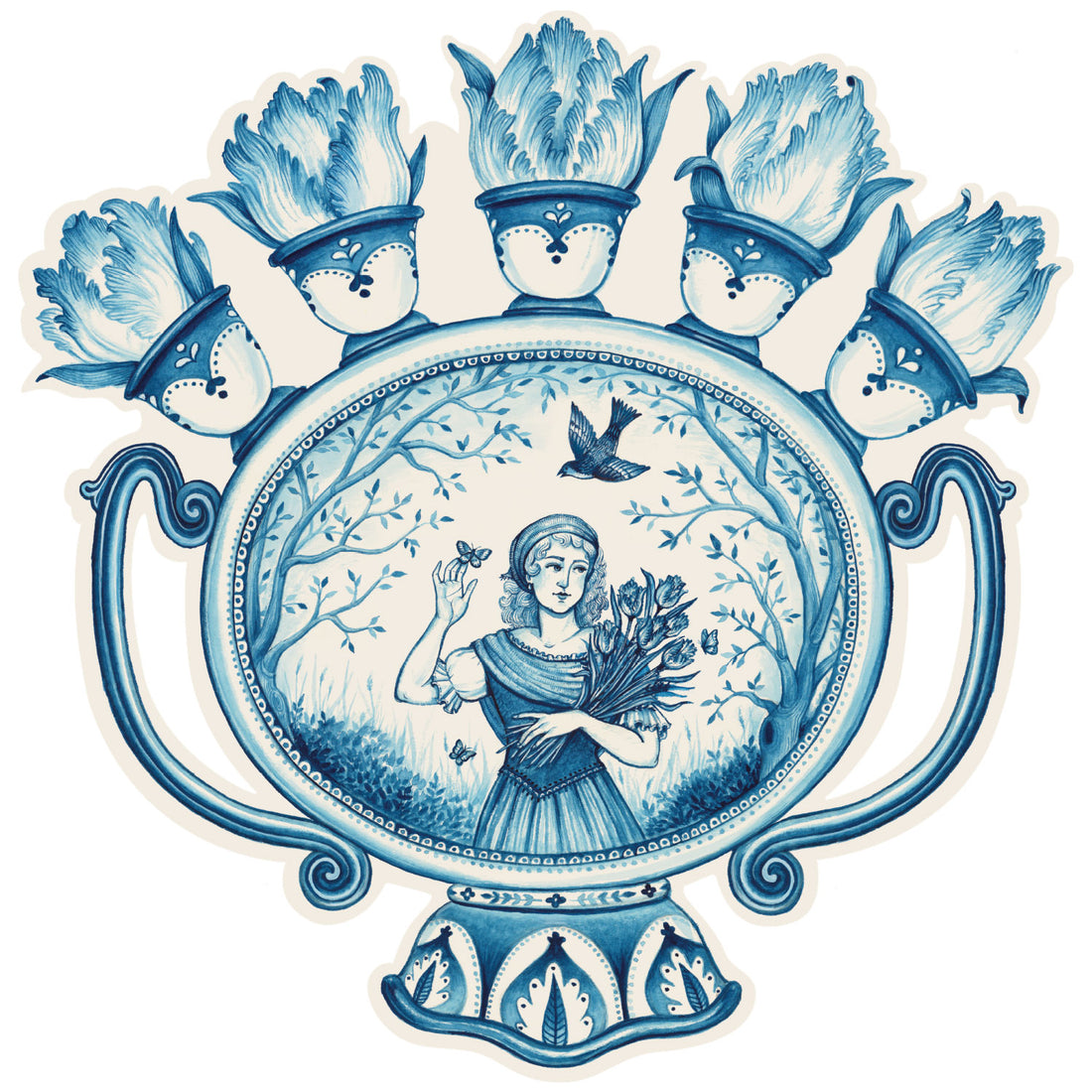 A die-cut illustration, inspired by French pastoral toile, of a monochrome indigo blue vase adorned with a painting of a young woman holding flowers.