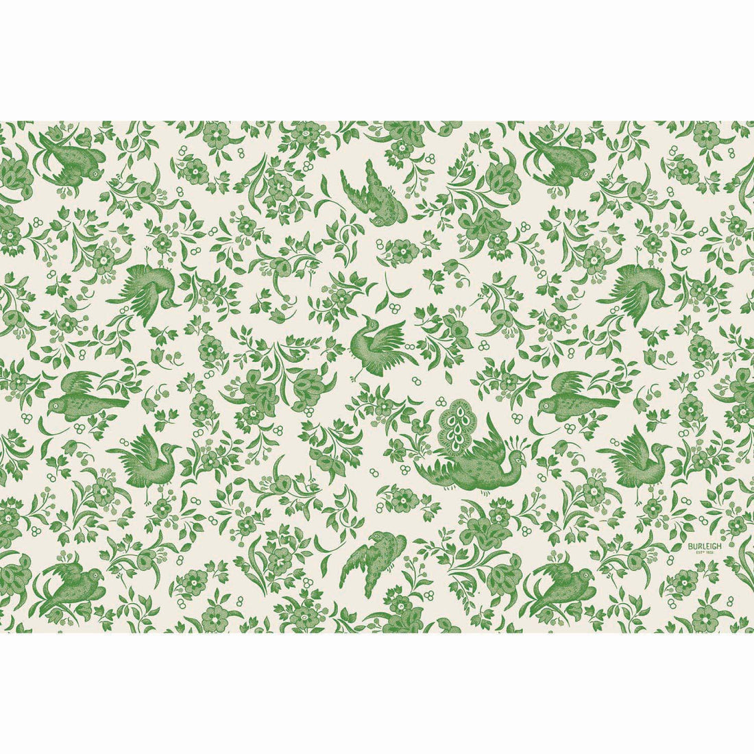 A Green Regal Peacock Paper Placemat from Hester &amp; Cook, featuring a green bird and floral pattern on a white background, inspired by the ornamental bird pattern from Burleigh.