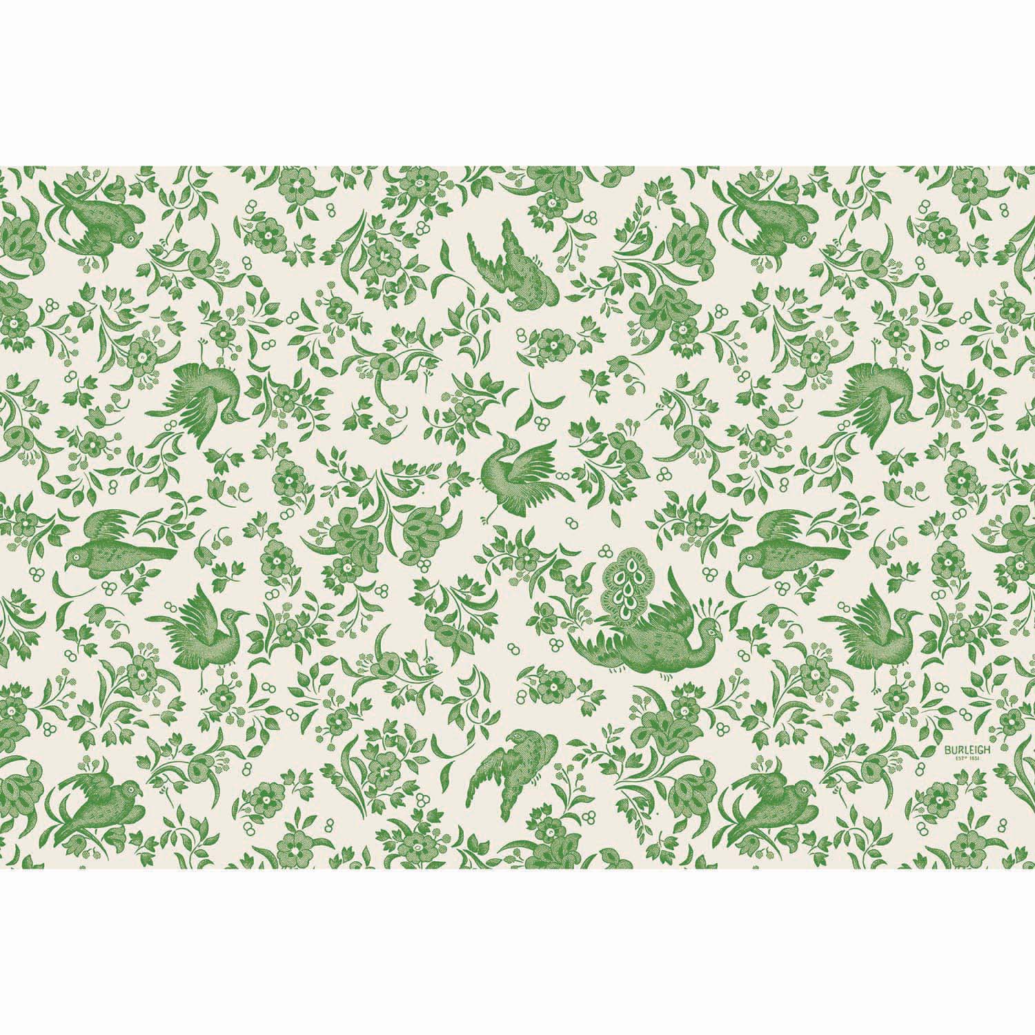A Green Regal Peacock Paper Placemat from Hester & Cook, featuring a green bird and floral pattern on a white background, inspired by the ornamental bird pattern from Burleigh.