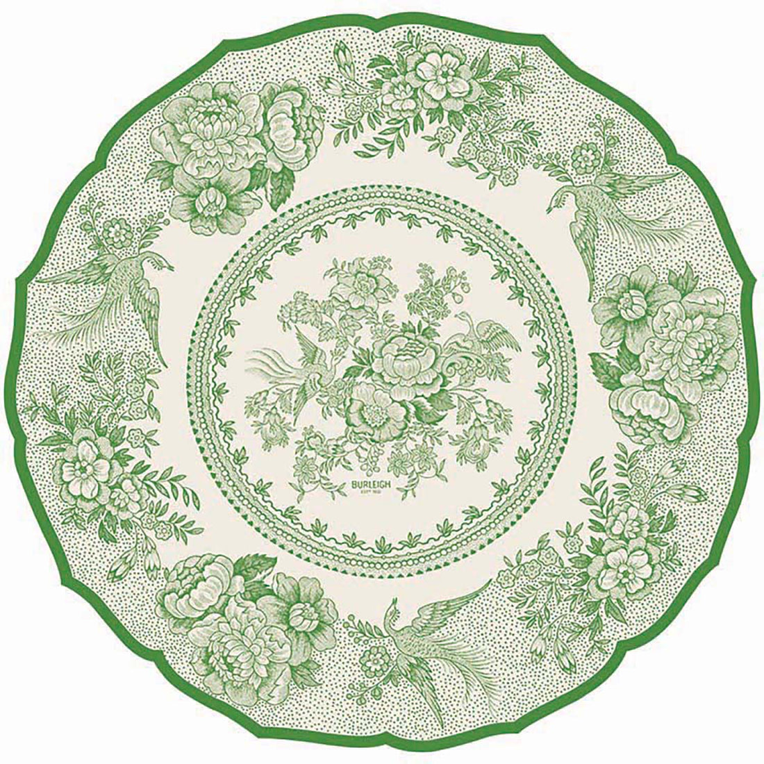 A round design with a scalloped edge, resembling a vintage plate with green linework of flowers and birds on a white background.