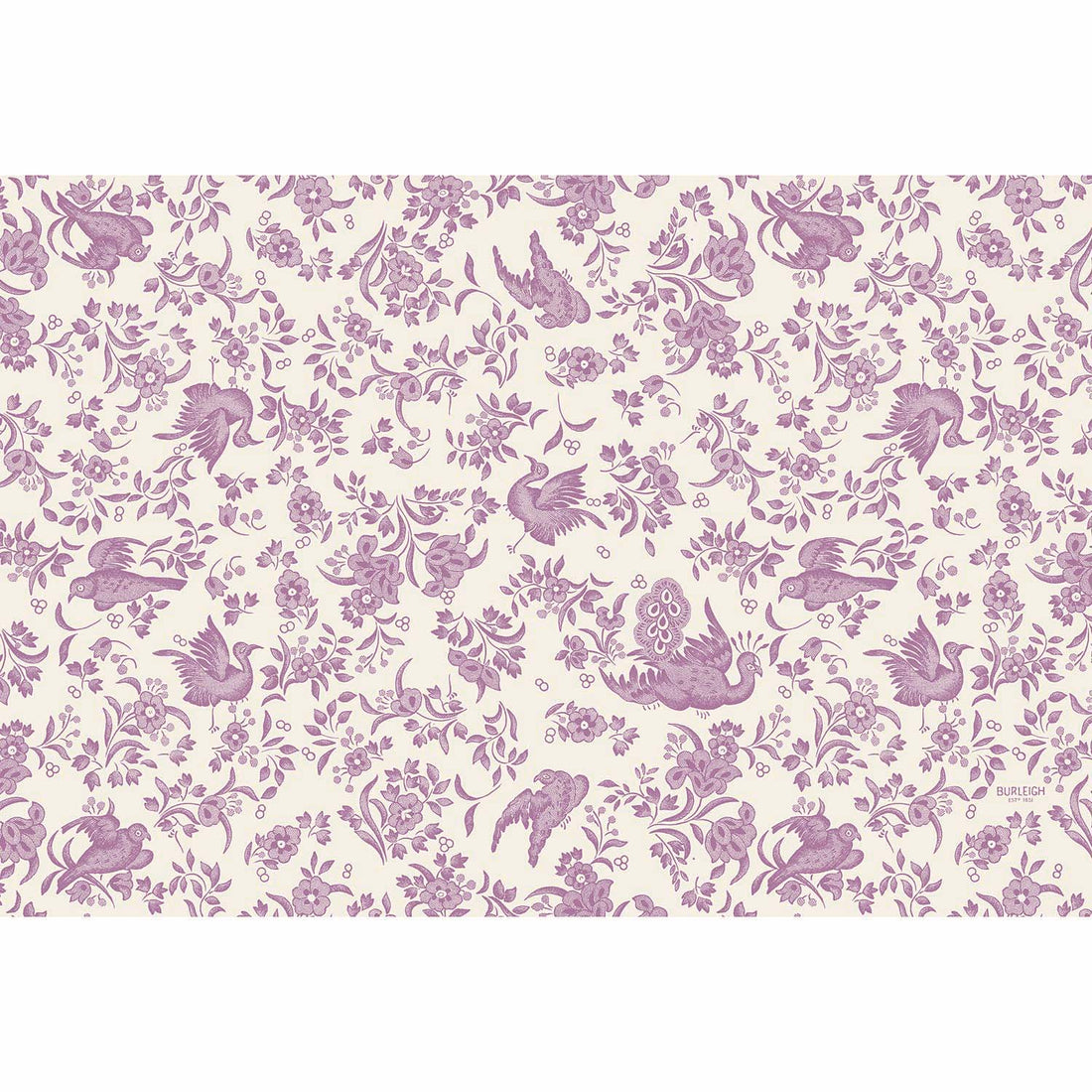 A Lilac Regal Peacock Paper Placemat from Hester &amp; Cook, featuring a lilac bird and floral pattern on a white background, inspired by the ornamental bird pattern from Burleigh.