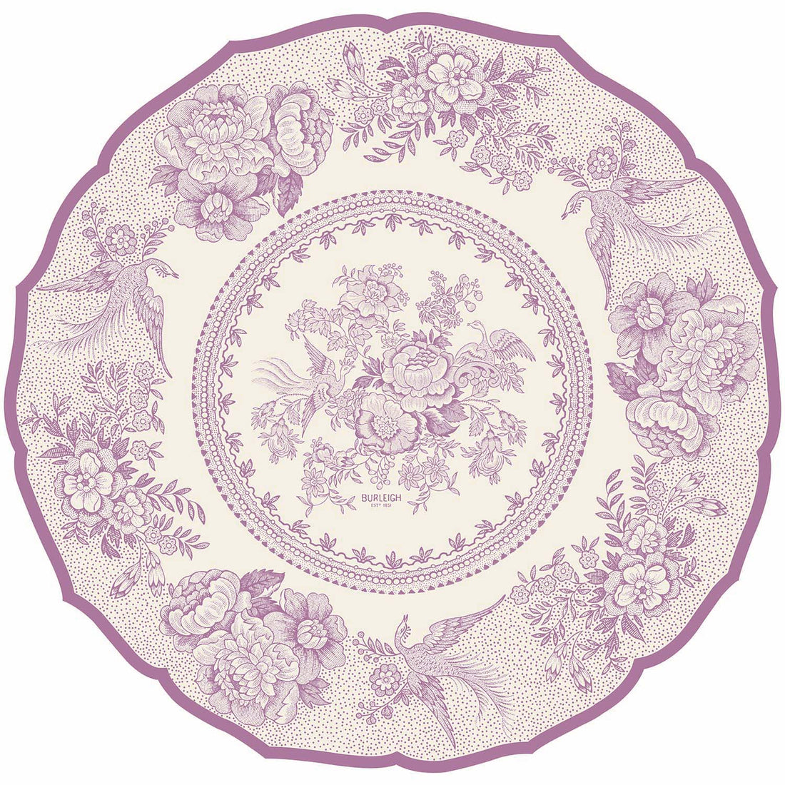 A round design with a scalloped edge, resembling a vintage plate with lilac purple linework of flowers and birds on a white background.ans plate, from above.