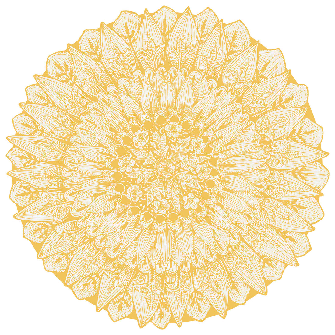 A round, radially symmetrical die-cut illustration depicting rings of flower petals and floral motifs, in bright yellow on a white background.