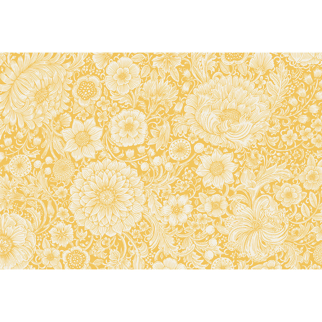 A bohemian-style illustration featuring densely packed white flowers and foliage on a bright yellow background.