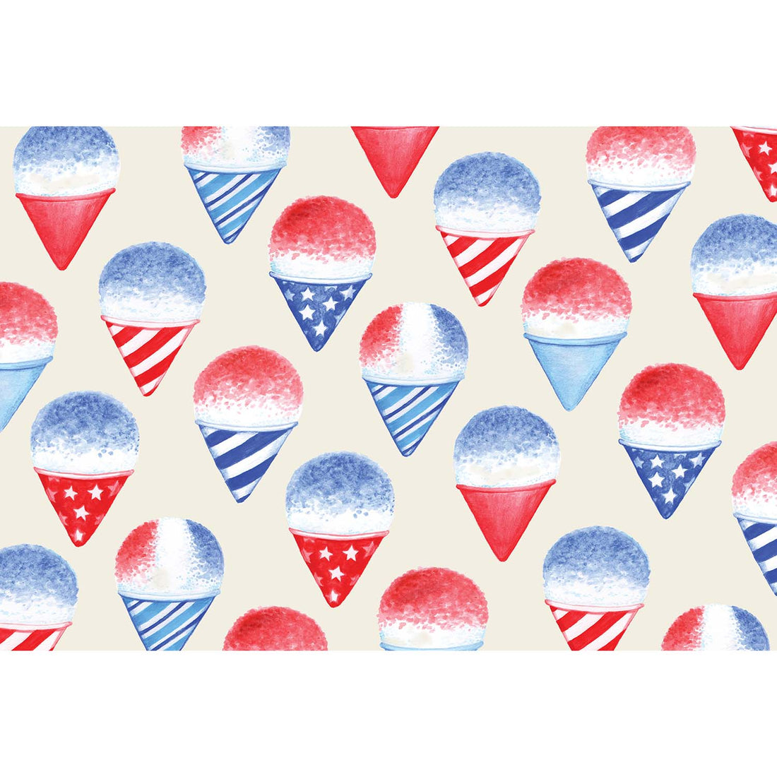 Evenly-spaced, illustrated snow cones in patriotic patterned paper cones, in red, white and blue on a cream background.
