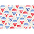 Evenly-spaced, illustrated snow cones in patriotic patterned paper cones, in red, white and blue on a cream background.
