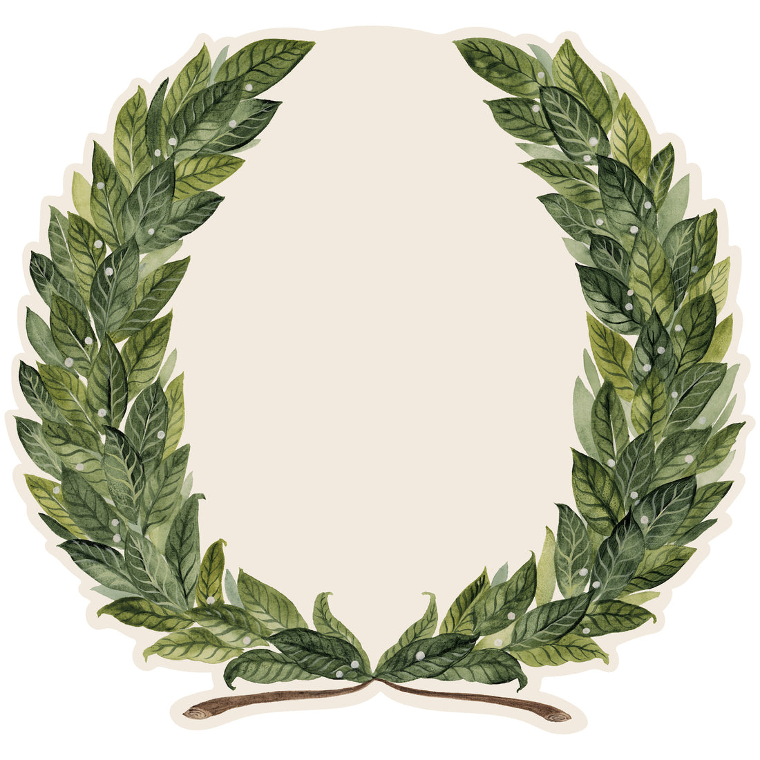 A round die-cut illustration featuring two branches of rich green laurel leaves and small white berries, stems crossed at the bottom, open to the white background in the top and center.