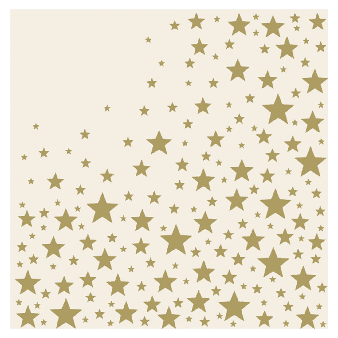 A square, cream cocktail napkin featuring a scatter of different sized gold stars, more concentrated in the lower-right and less concentrated on the upper-left.