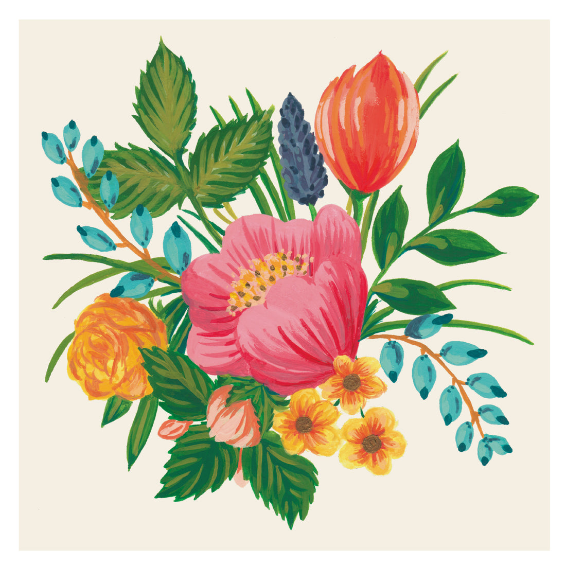 A square cocktail napkin featuring whimsical, illustrated blossoms in pink, red, blue and orange, with green leaves, centered on a white background.