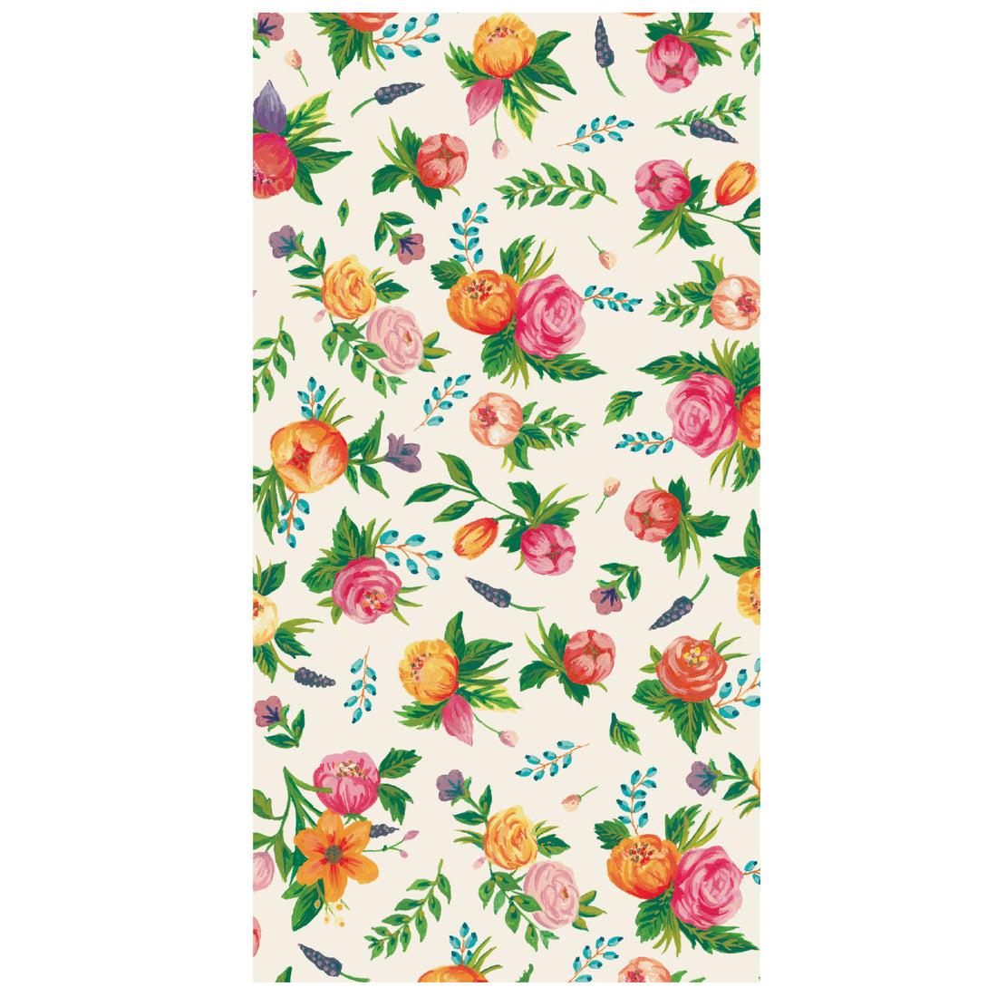 A rectangle guest napkin featuring whimsical, illustrated blossoms in pink, red, blue and orange, with green leaves, scattered on a white background.