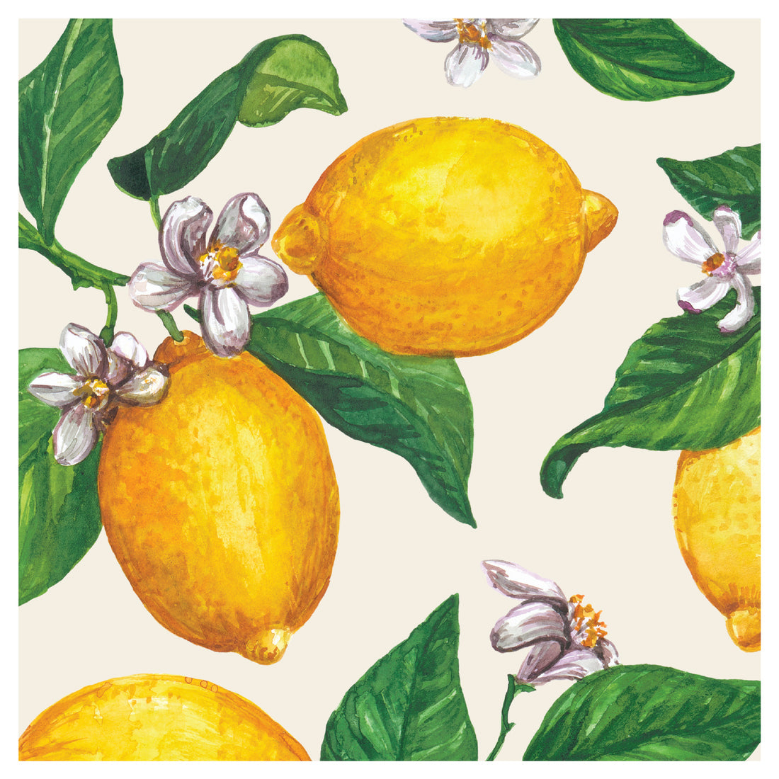 A square cocktail napkin featuring a seamless pattern of lemons and flowers on a white background. The vibrant colors of the Hester &amp; Cook Lemons Napkins add a refreshing touch to the design.