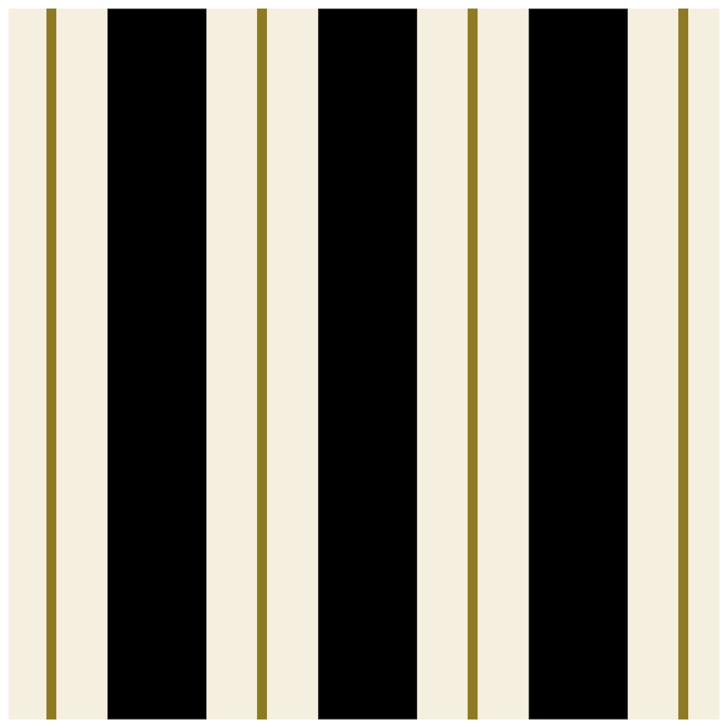 A square cocktail napkin with thick black and white stripes, and a thin gold line running down the middle of each white stripe.