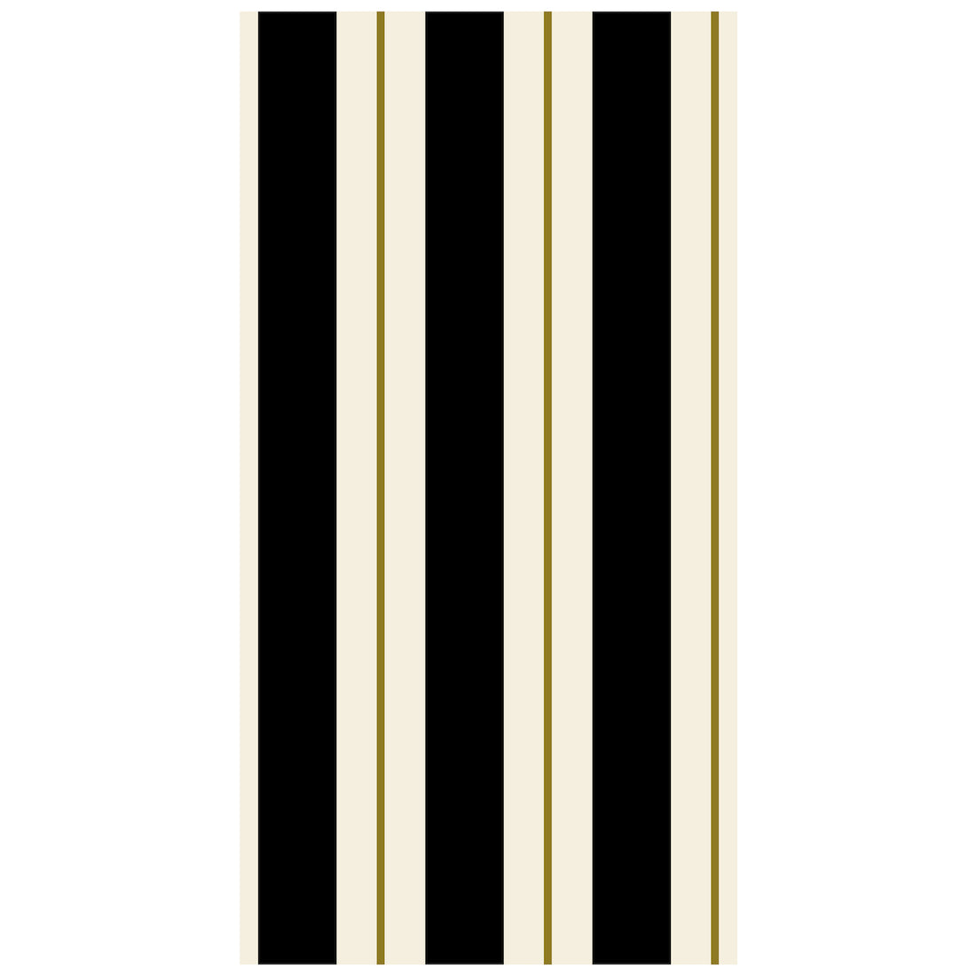A rectangle guest napkin with thick black and white stripes, and a thin gold line running down the middle of each white stripe.