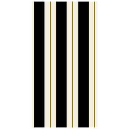 A rectangle guest napkin with thick black and white stripes, and a thin gold line running down the middle of each white stripe.