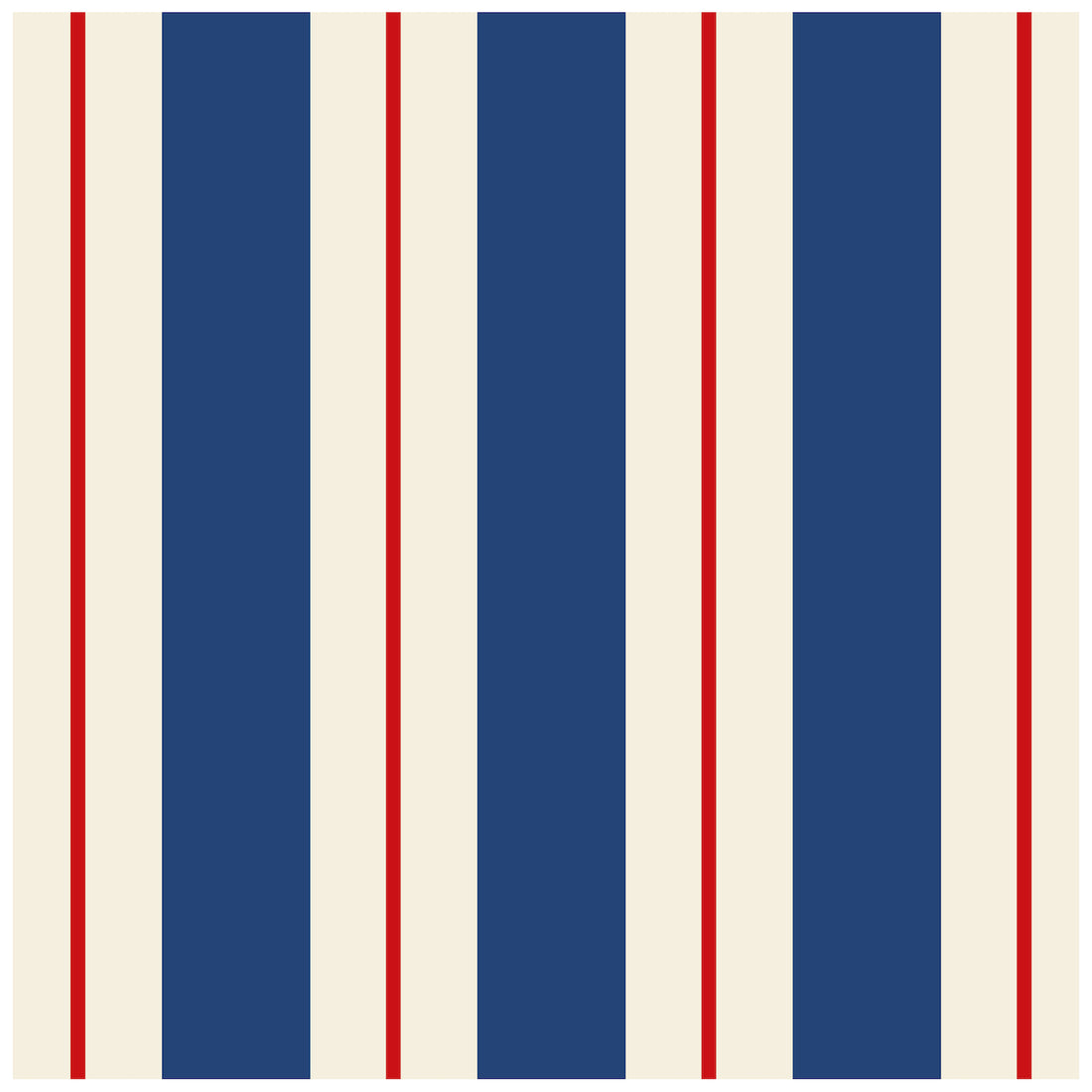 A square cocktail napkin featuring vertical navy and white stripes, with a red line running down the center of each white stripe.