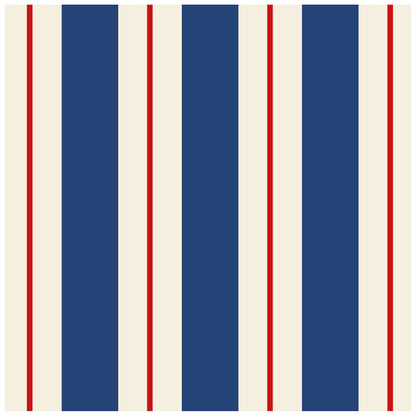 A square cocktail napkin featuring vertical navy and white stripes, with a red line running down the center of each white stripe.