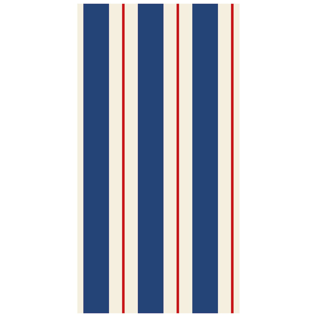 A rectangle guest napkin featuring vertical navy and white stripes, with a red line running down the center of each white stripe.