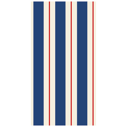 A rectangle guest napkin featuring vertical navy and white stripes, with a red line running down the center of each white stripe.