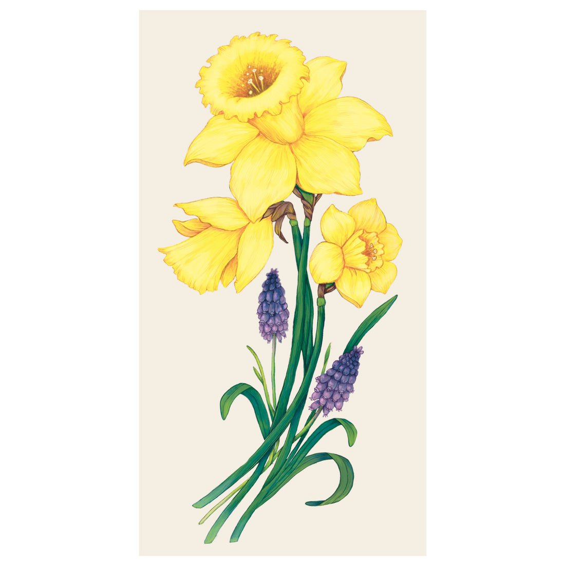 A rectangle, cream guest napkin featuring three vibrant, illustrated daffodils on bright green stems, with two purple flowers.
