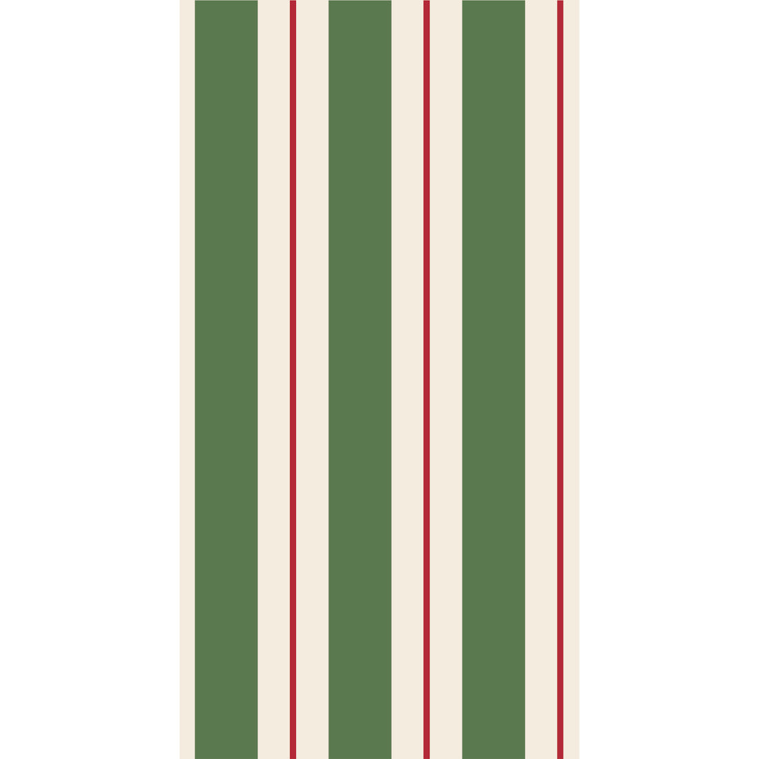 A rectangle guest napkin featuring vertical dark green and white stripes, with a thin red line centered in each white stripe.