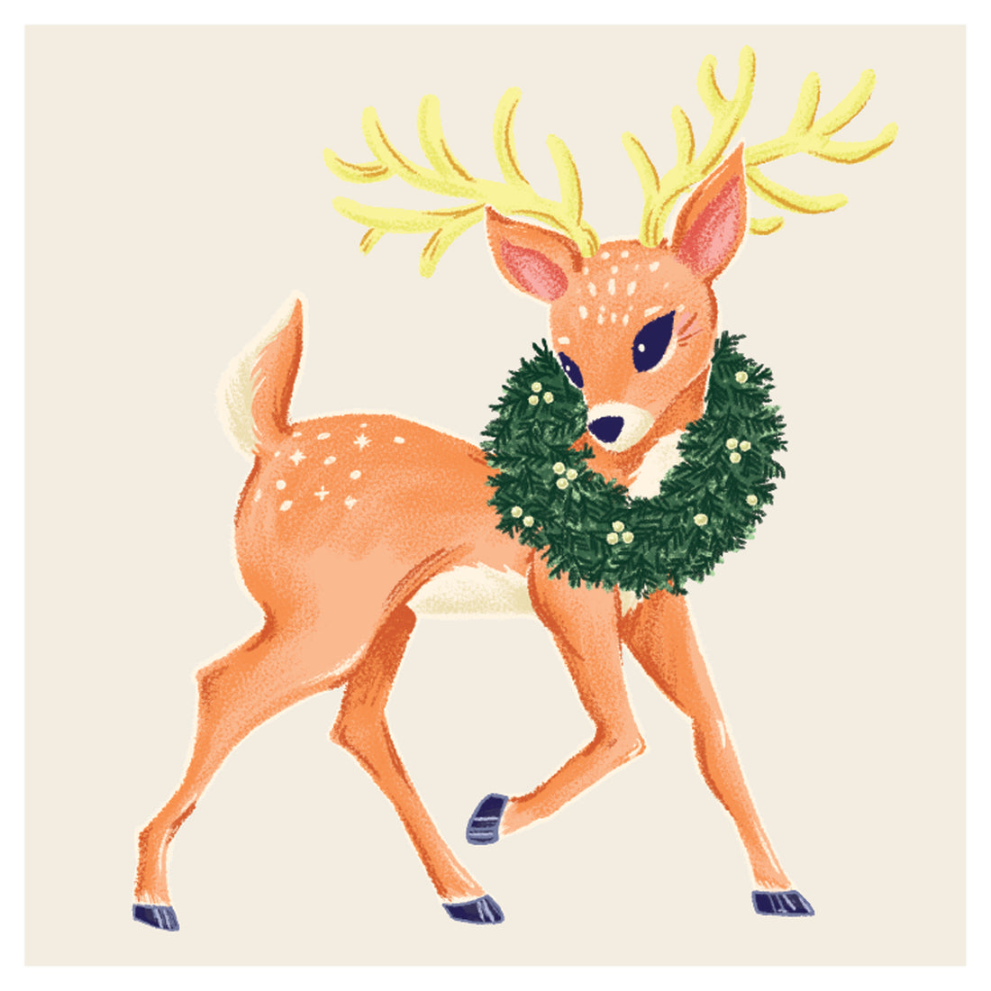 A square cocktail napkin featuring a cute, vintage illustration of a reindeer prancing with a green wreath around his neck, on a cream background.
