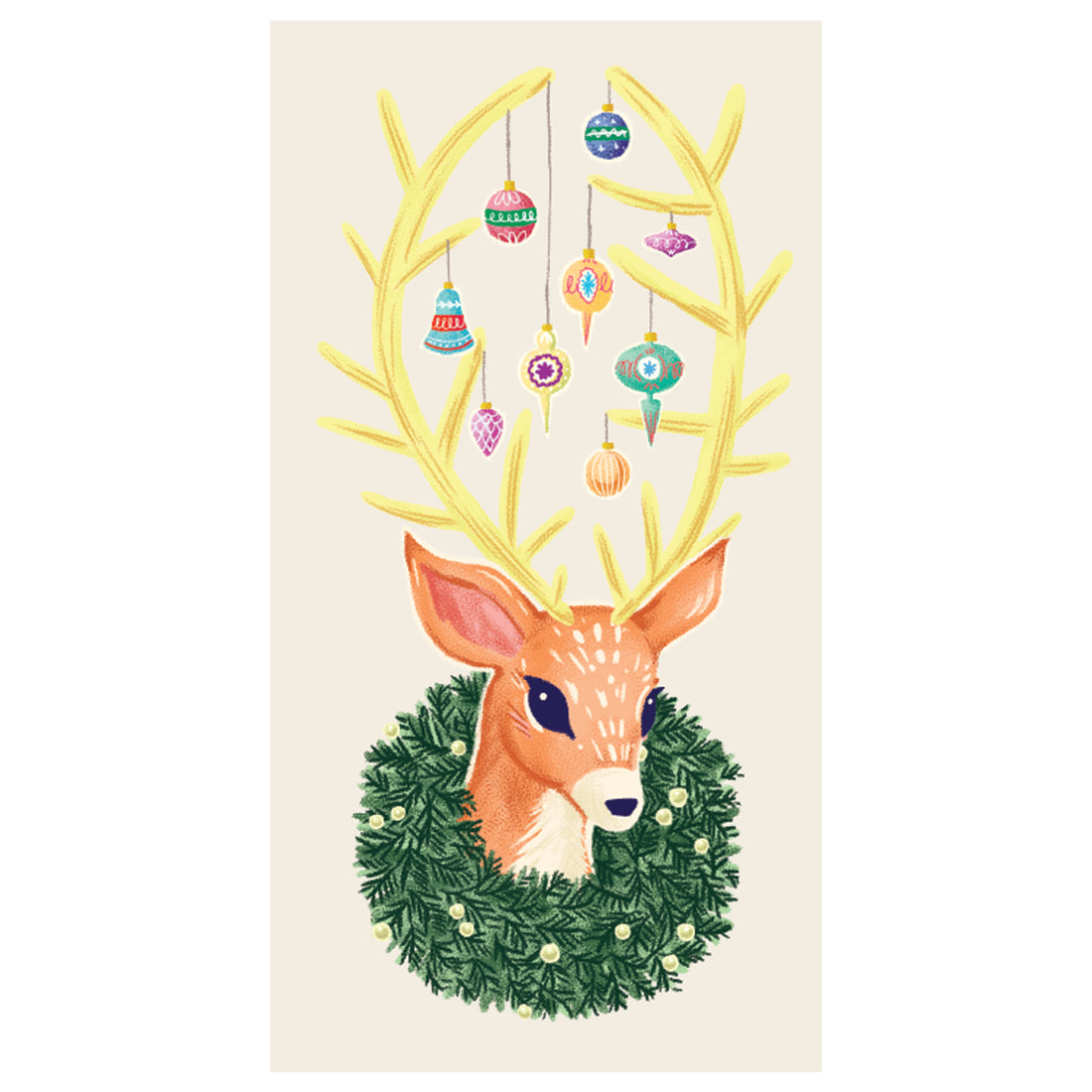 A rectangle guest napkin featuring a cute, vintage illustration of a reindeer&