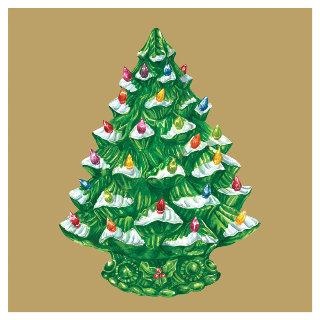 A square, gold cocktail napkin featuring a vintage green ceramic Christmas tree decoration, complete with snow-tipped branches and multi-colored lights.