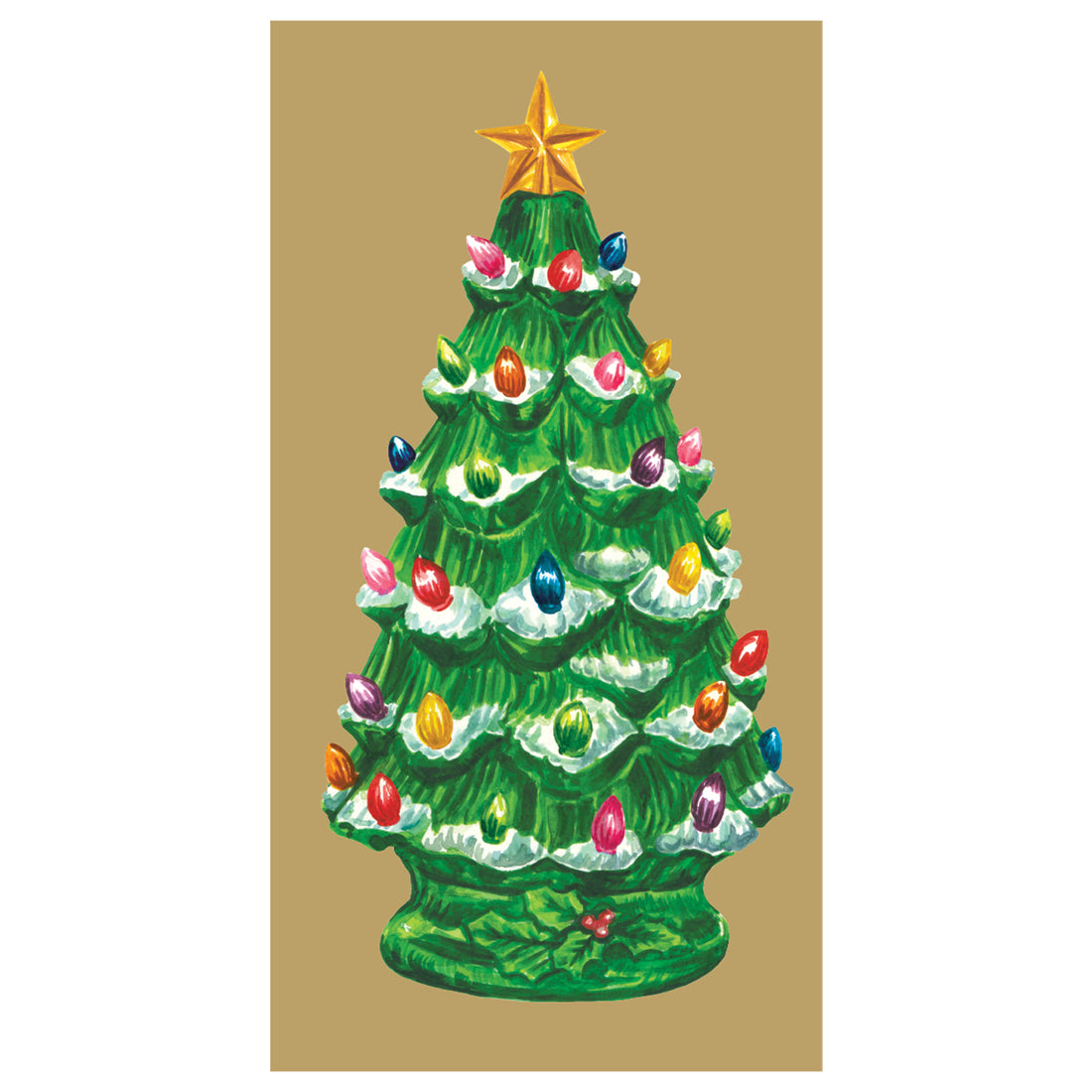 A rectangle, gold guest napkin featuring a vintage green ceramic Christmas tree decoration, complete with snow-tipped branches and multi-colored lights.